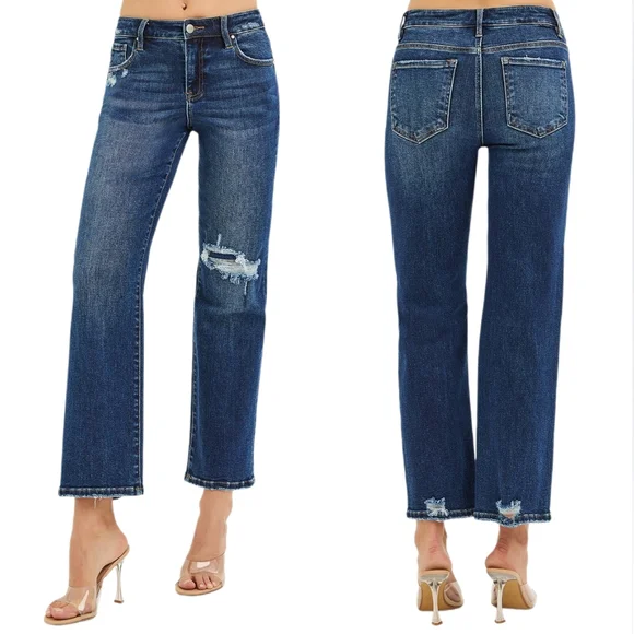 RISEN High-Rise Waist Distressed Patch Knee Straight Leg Pants Ankle Denim Jeans - Picture 2 of 16